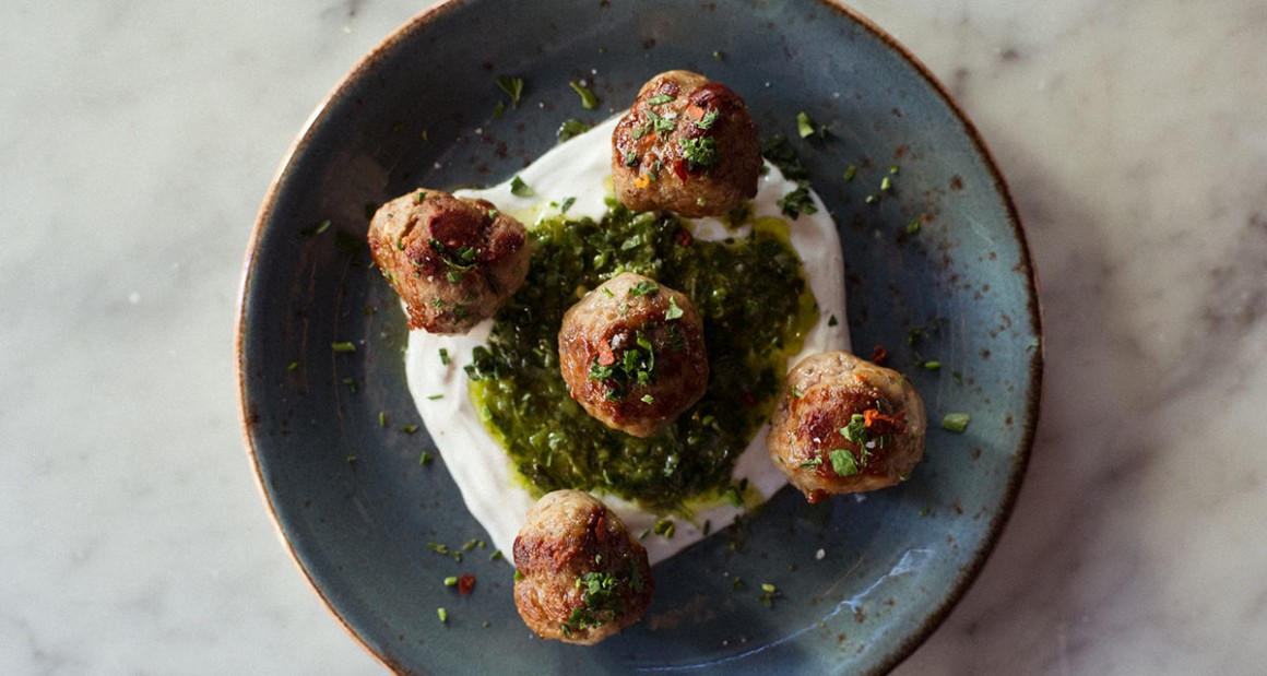 Lamb meatballs with minted yogurt and salsa verde. Photograph by William Hereford