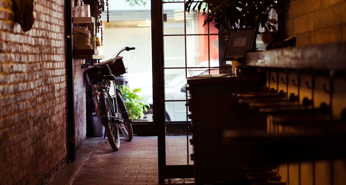 A delivery bicycle in the foyer of the restaurant. Photograph by William Hereford