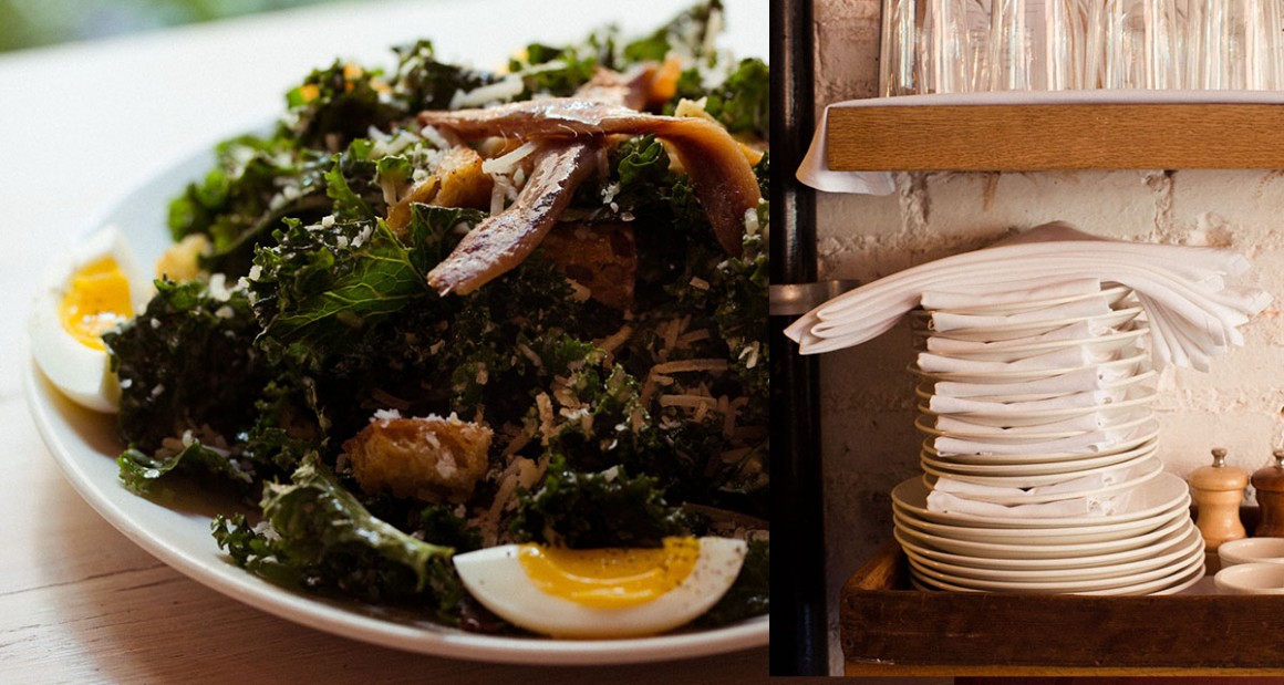 Kale Caesar salad with anchovies, bacon and soft-cooked egg. Photograph by William Hereford