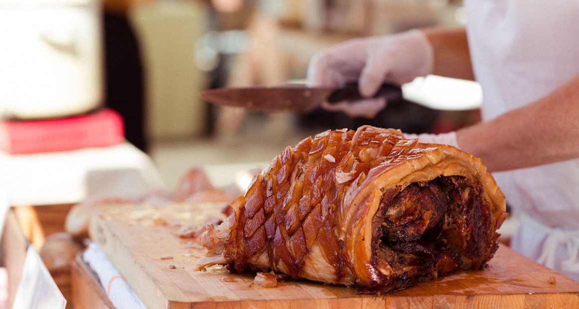 Porchetta being sliced for sandwiches. Photograph by William Hereford