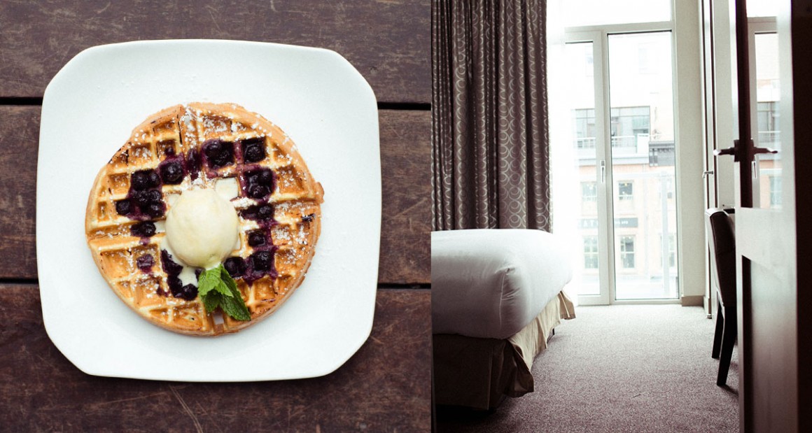 Waffles with maple ice cream and blueberry syrup. Photograph by William Hereford