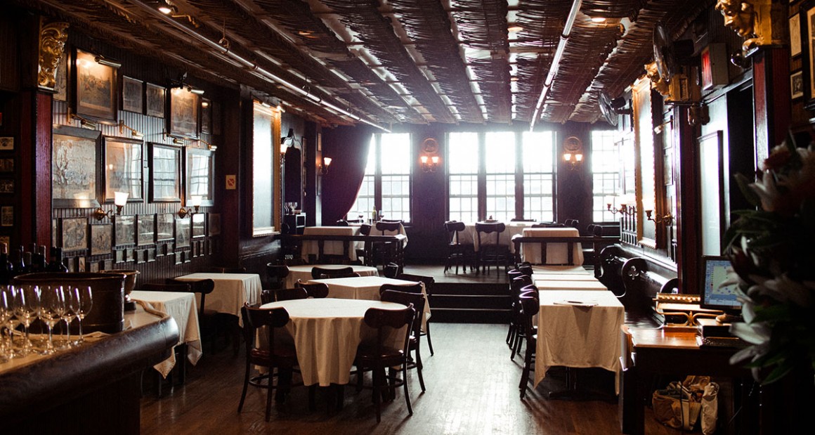 Pipes cover the ceiling at Keens Steakhouse. Photograph by William Hereford