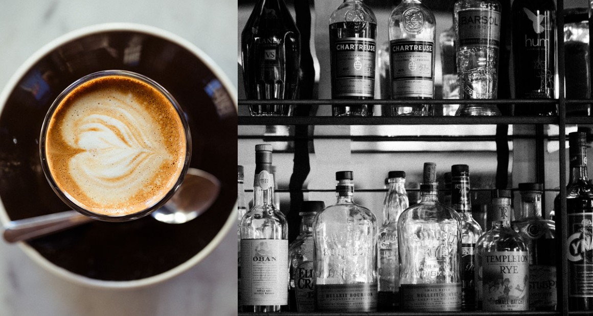 A cappuccino; a wall of whiskies. Photograph by William Hereford