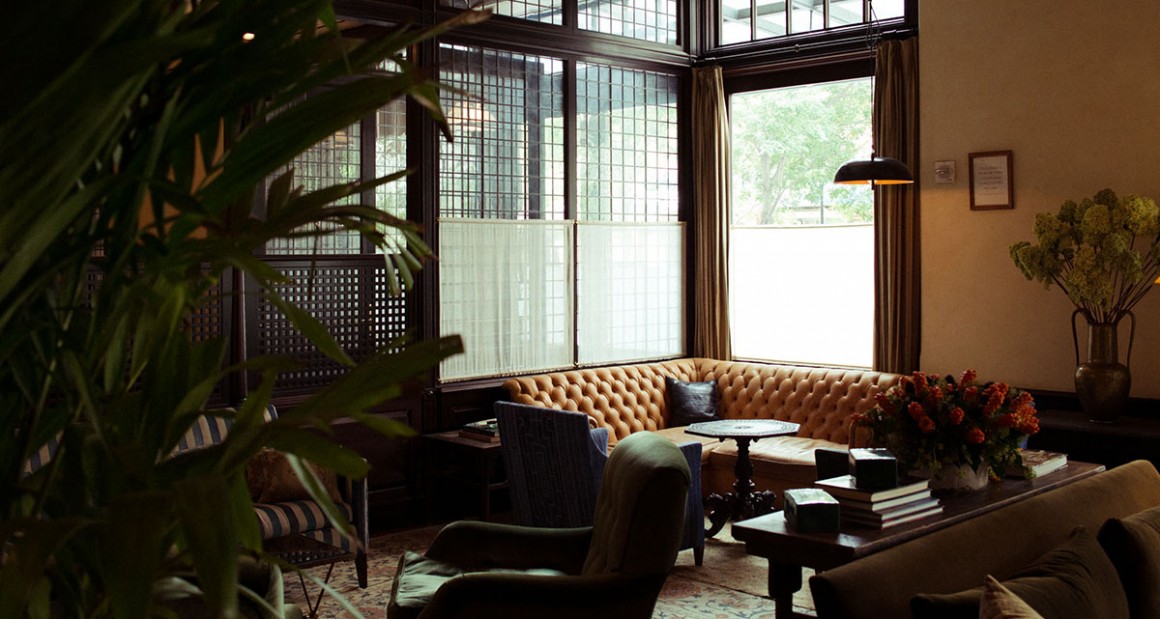 The prettily lit lobby of the Greenwich Hotel. Photograph by William Hereford